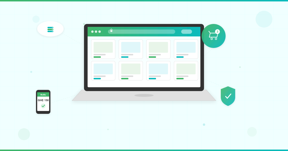 Ecommerce hosting concept showing a laptop with an online store product grid, shopping cart, cloud hosting server, mobile money payment on phone, and SSL security shield in LUMINWEB brand colors