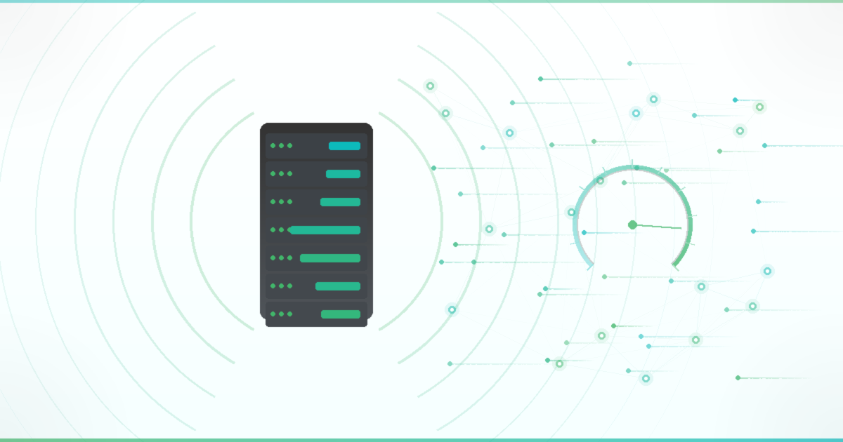 Abstract illustration of web hosting performance showing a server rack with green and teal status indicators, a speed gauge, and interconnected network nodes representing fast data flow and reliable hosting infrastructure
