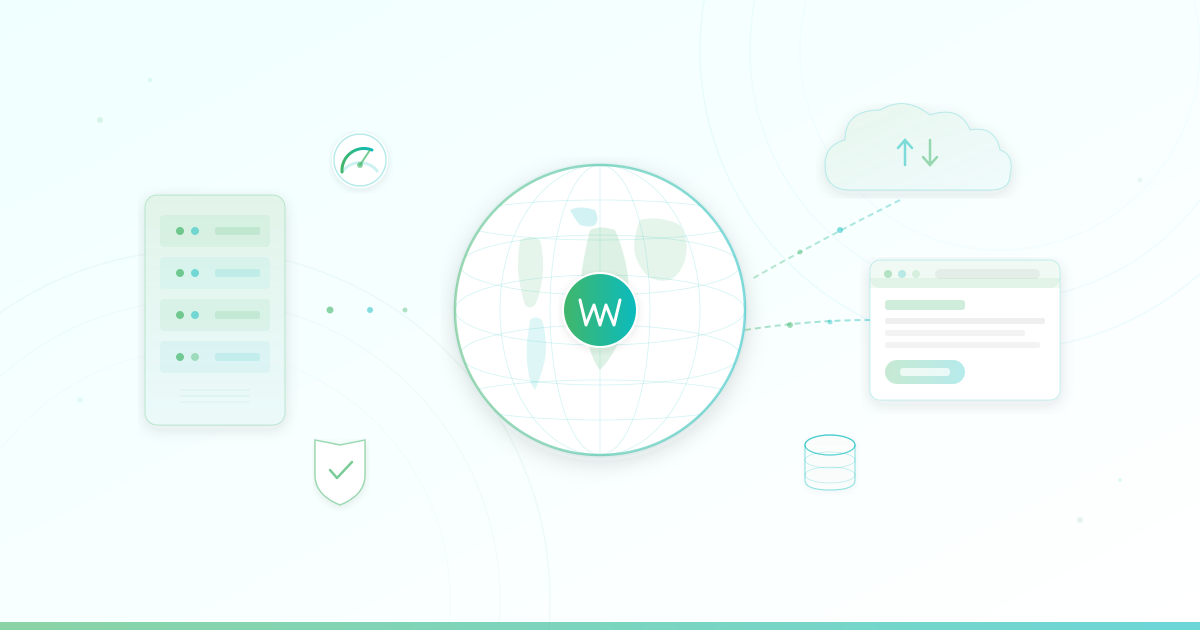 Illustration showing how WordPress hosting works — a server connected to a globe with the WordPress logo, linked to cloud infrastructure and a browser displaying a website, with security shield, speed gauge, and database elements