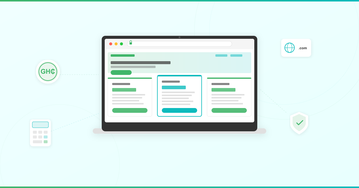 Website cost breakdown in Ghana showing a laptop with pricing cards, GHS currency symbol, domain globe, SSL shield, and calculator