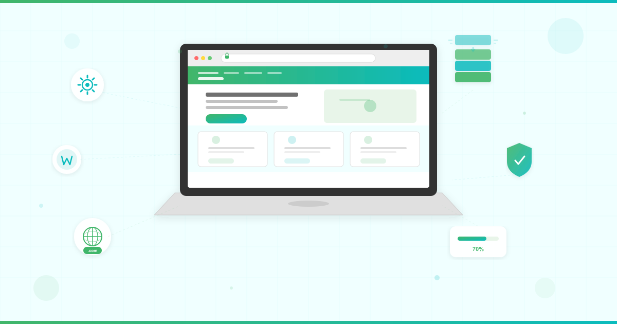 Illustration of business website being built with hosting domain WordPress and security elements