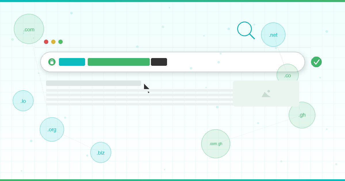 Browser address bar with domain name elements surrounded by floating domain extension bubbles including .com, .net, .org, and .gh, representing the process of choosing a business domain name