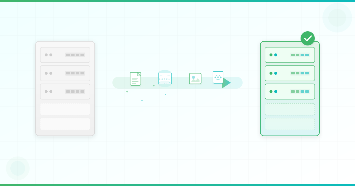 Illustration of website migration from an old server to a new hosting server, with files, databases, and configuration icons transferring across a green-to-teal gradient arrow