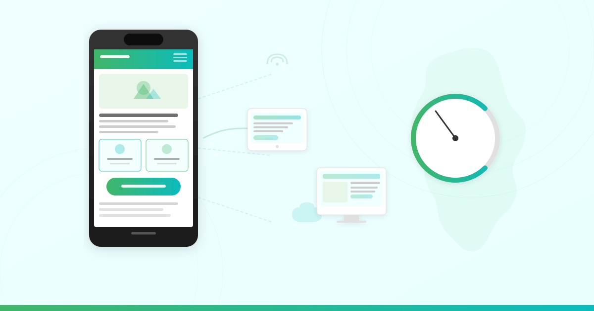 Mobile-first web design concept showing a smartphone with a responsive website layout and speed gauge in LUMINWEB brand colors