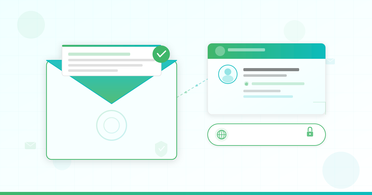 Professional business email hosting illustration showing a branded email envelope with custom domain address connected to a business card identity, in LUMINWEB green and teal brand colors