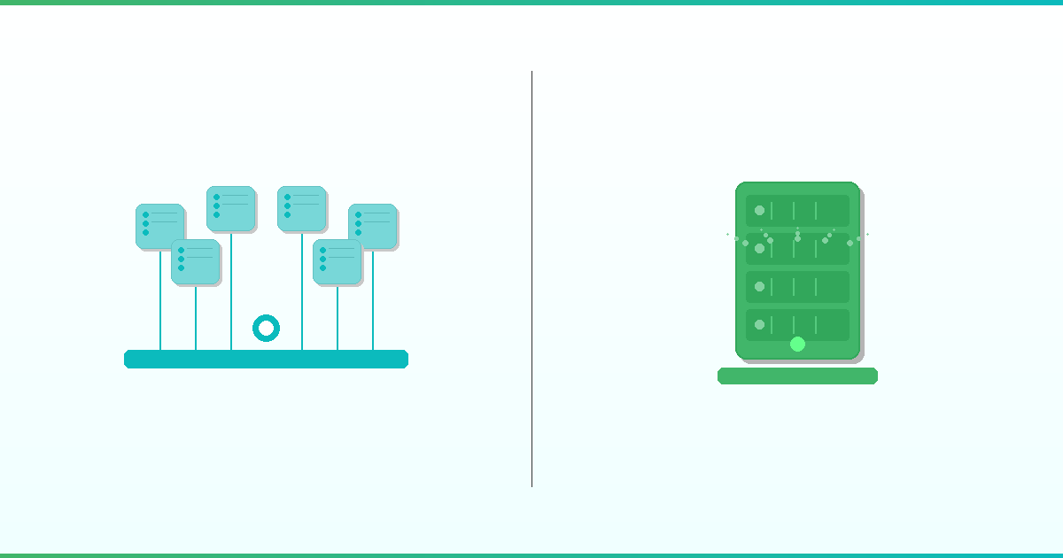 Split illustration comparing shared hosting with multiple small servers on a shared platform versus dedicated hosting with a single powerful standalone server