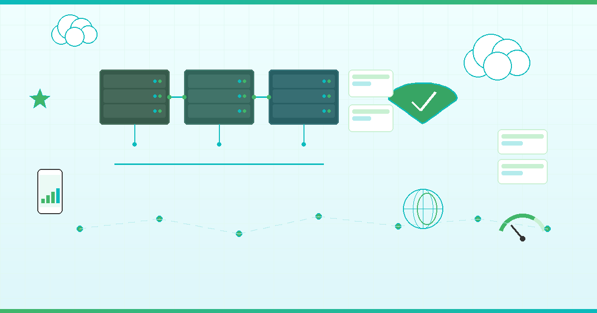 Illustration of web hosting infrastructure featuring interconnected server racks, cloud computing icons, a security shield with checkmark, mobile device with signal bars, and a speed gauge, in green and teal brand colors representing reliable web hosting for businesses in Ghana