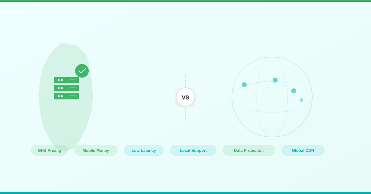 Visual comparison of Ghana-based web hosting versus international hosting showing server infrastructure and key differentiators