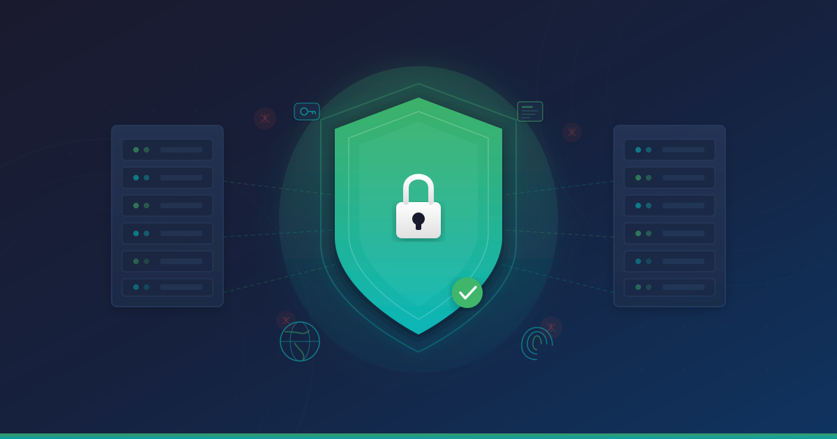 Shield with padlock protecting server infrastructure, representing web hosting security for African businesses