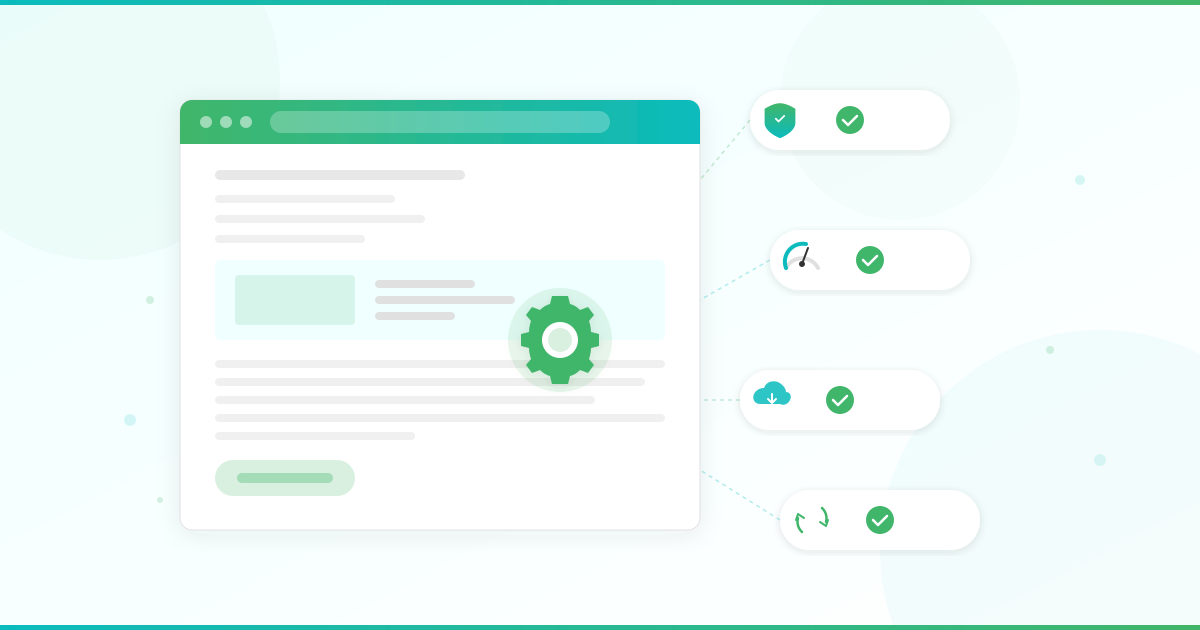 Website maintenance checklist showing a browser window with a gear icon, surrounded by floating checklist items for security, speed, backups, and updates — each with a green check mark