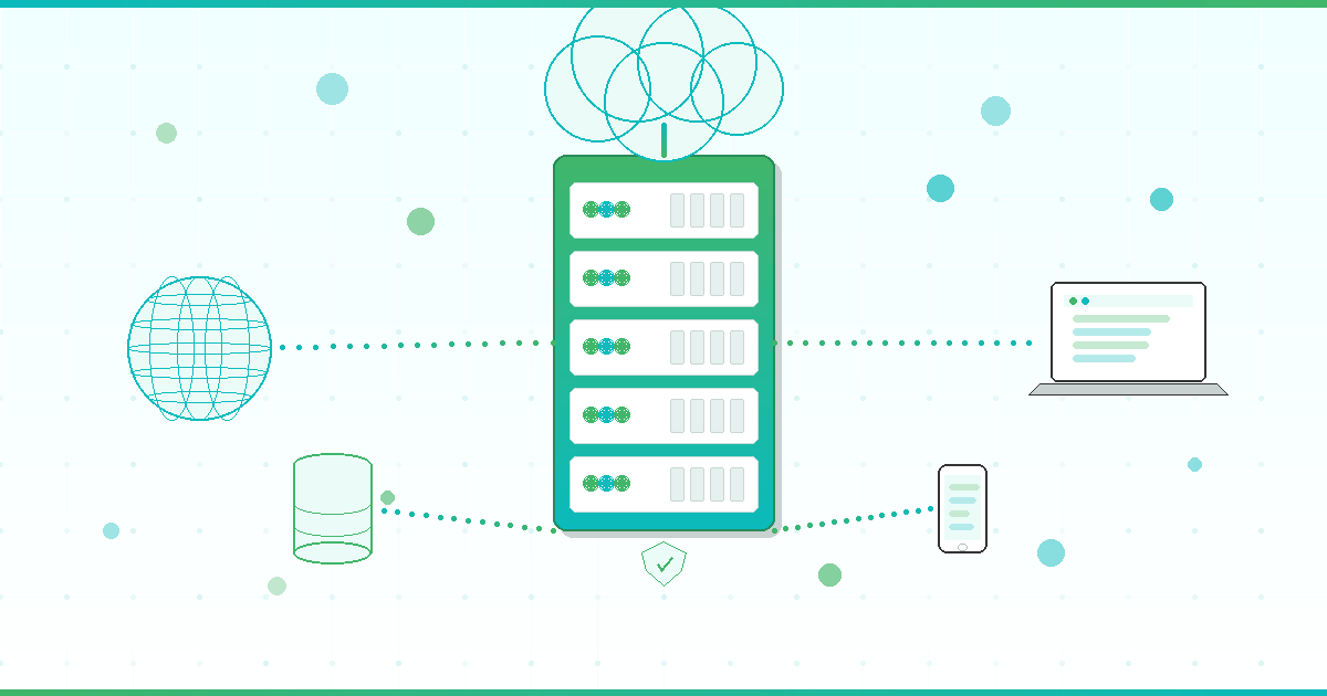 Illustration of web hosting infrastructure showing a server rack connected to a cloud, globe, laptop, mobile phone, and database, representing how web hosting stores and delivers website files to users worldwide