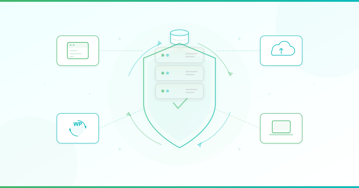 WordPress backup protection illustration with shield server and cloud storage