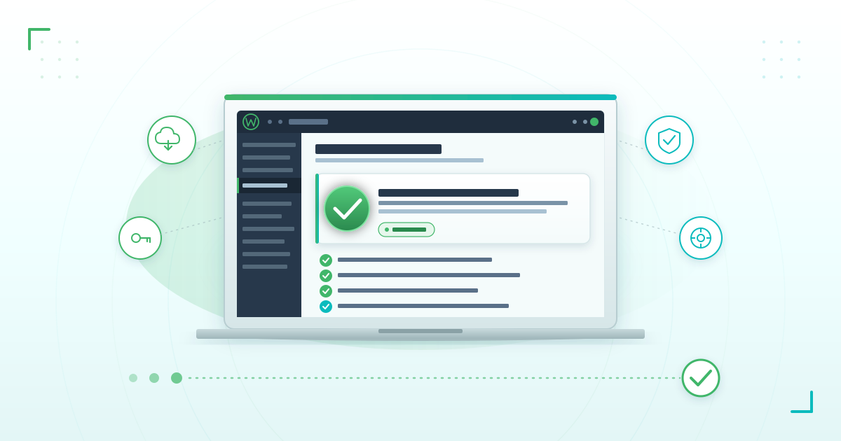 WordPress site hacked recovery guide — calm step-by-step playbook showing a restored WordPress dashboard with green checkmarks and a forward-motion recovery path