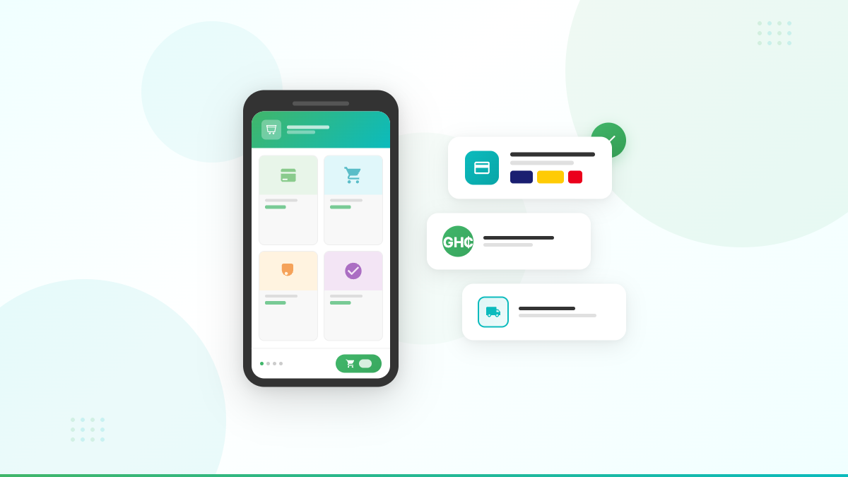 Mobile phone displaying a WooCommerce online store with product grid, alongside floating icons for card and mobile money payments, Ghana cedi pricing, and delivery shipping