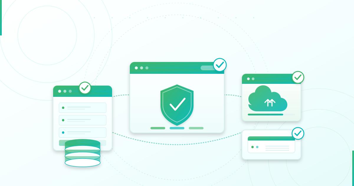 Layered WordPress backup strategy showing a server rack, control panel with shield, cloud storage, local drive, and database stack arranged as overlapping safety-net layers in LuminWeb green and teal