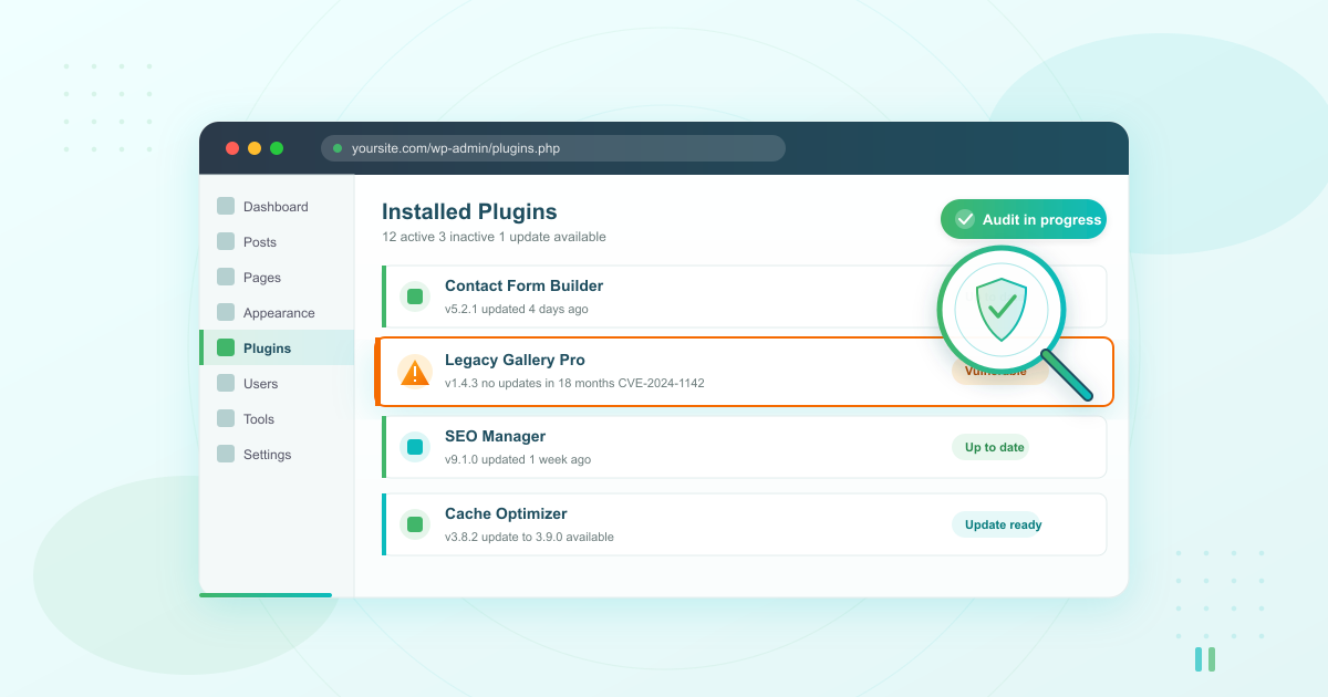 WordPress admin plugin list with a magnifying glass highlighting a vulnerable plugin flagged during a WordPress plugin security audit
