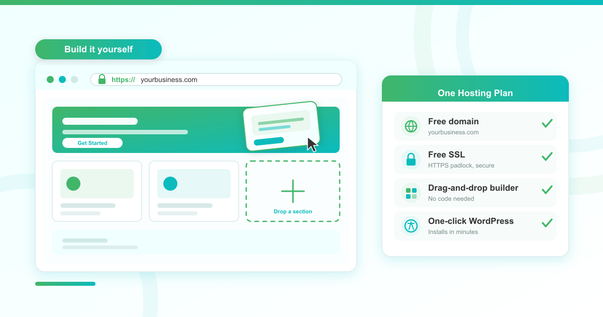 A small business website being built do-it-yourself from drag-and-drop blocks on a single hosting plan that includes a free domain, free SSL, and one-click WordPress