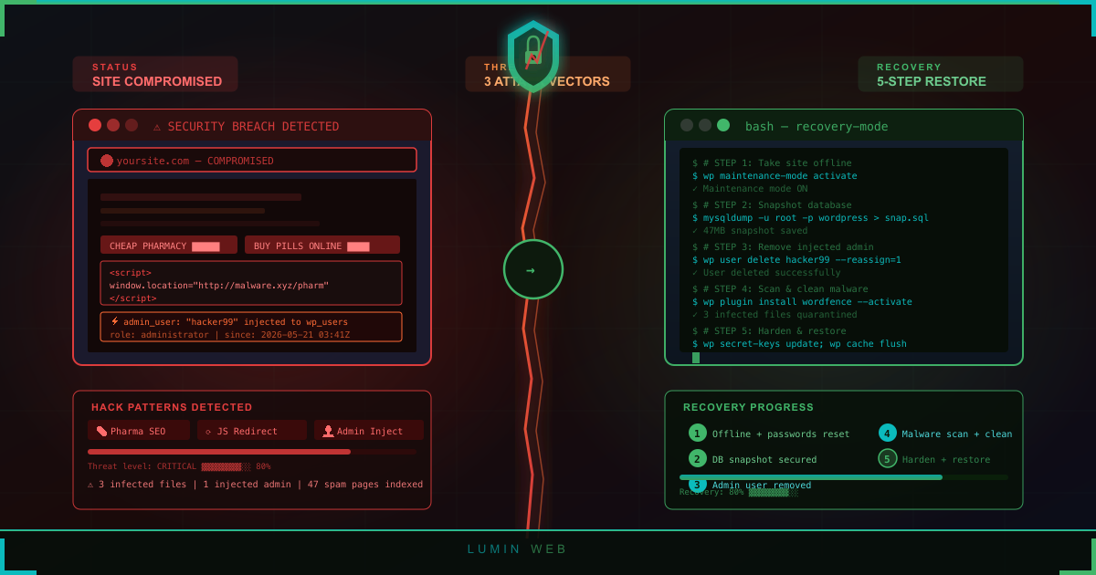A split-screen security dashboard showing a WordPress site under attack on the left with injected spam content and malware script visible, and a terminal recovery session on the right showing 5 green command-line steps to restore the site, rendered in LuminWeb teal and green brand palette against a dark background.