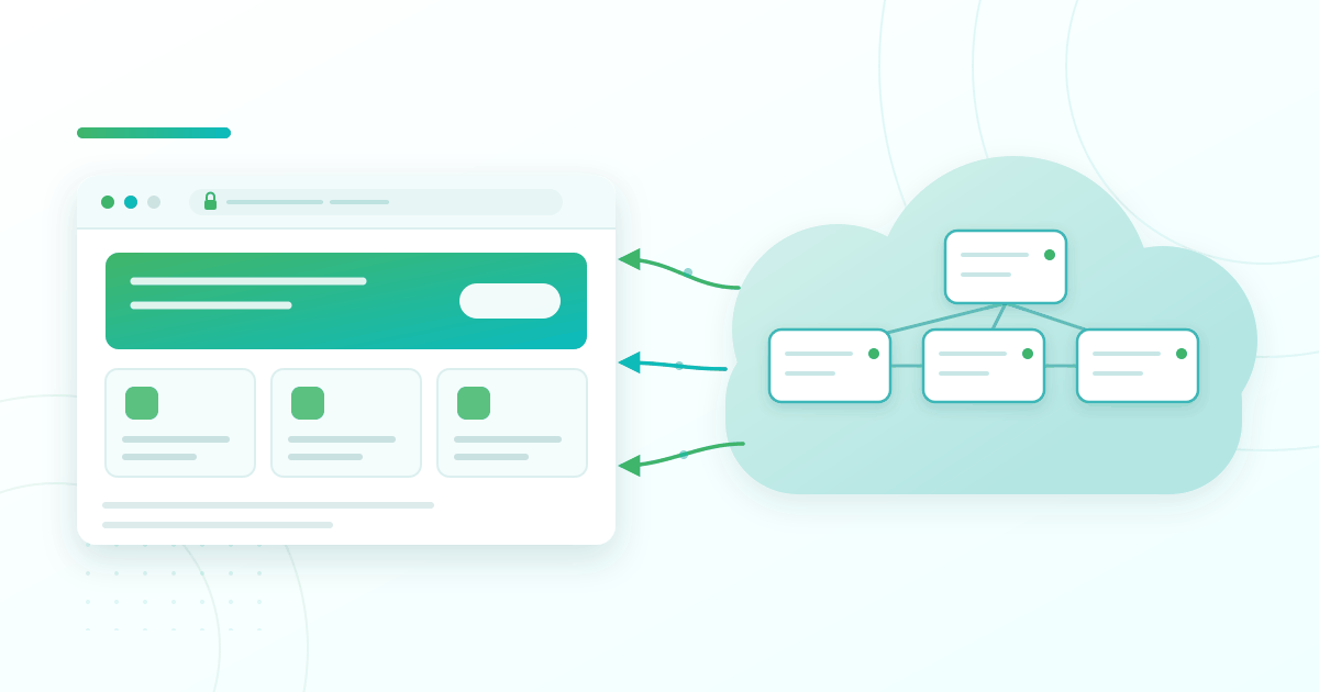 Illustration of a single website being served from a pool of four linked, interchangeable machines inside a cloud shape, the arrangement that gives cloud hosting its name