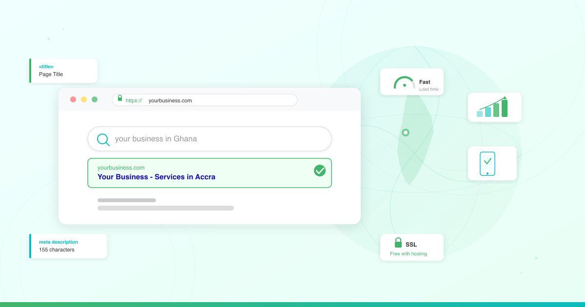 SEO guide for Ghana illustration showing a browser with Google search results, SSL lock, speed gauge, mobile check, and Africa globe with Ghana pinned
